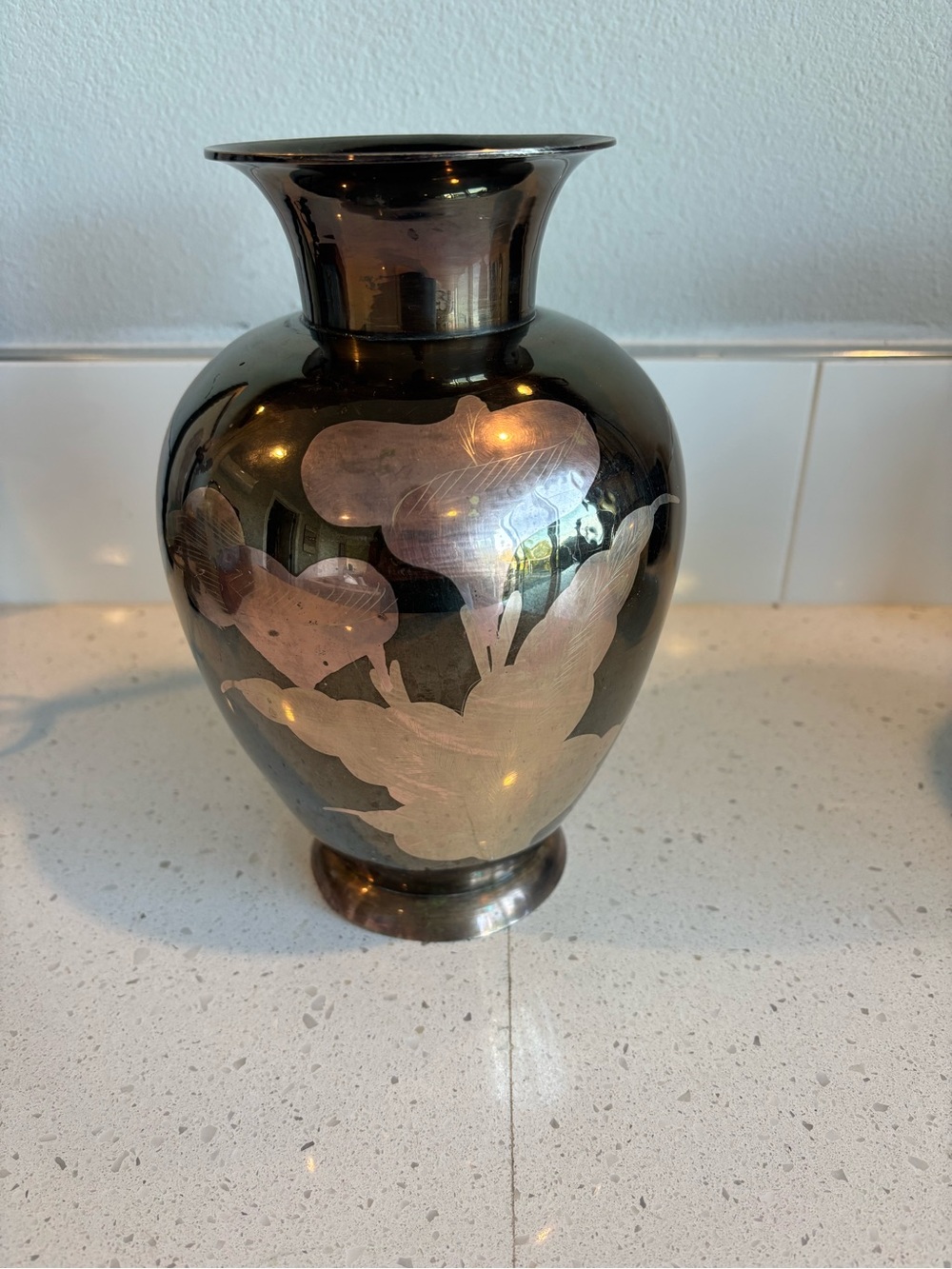 Black and Silver Floral Solid Brass Vase - Home Accents